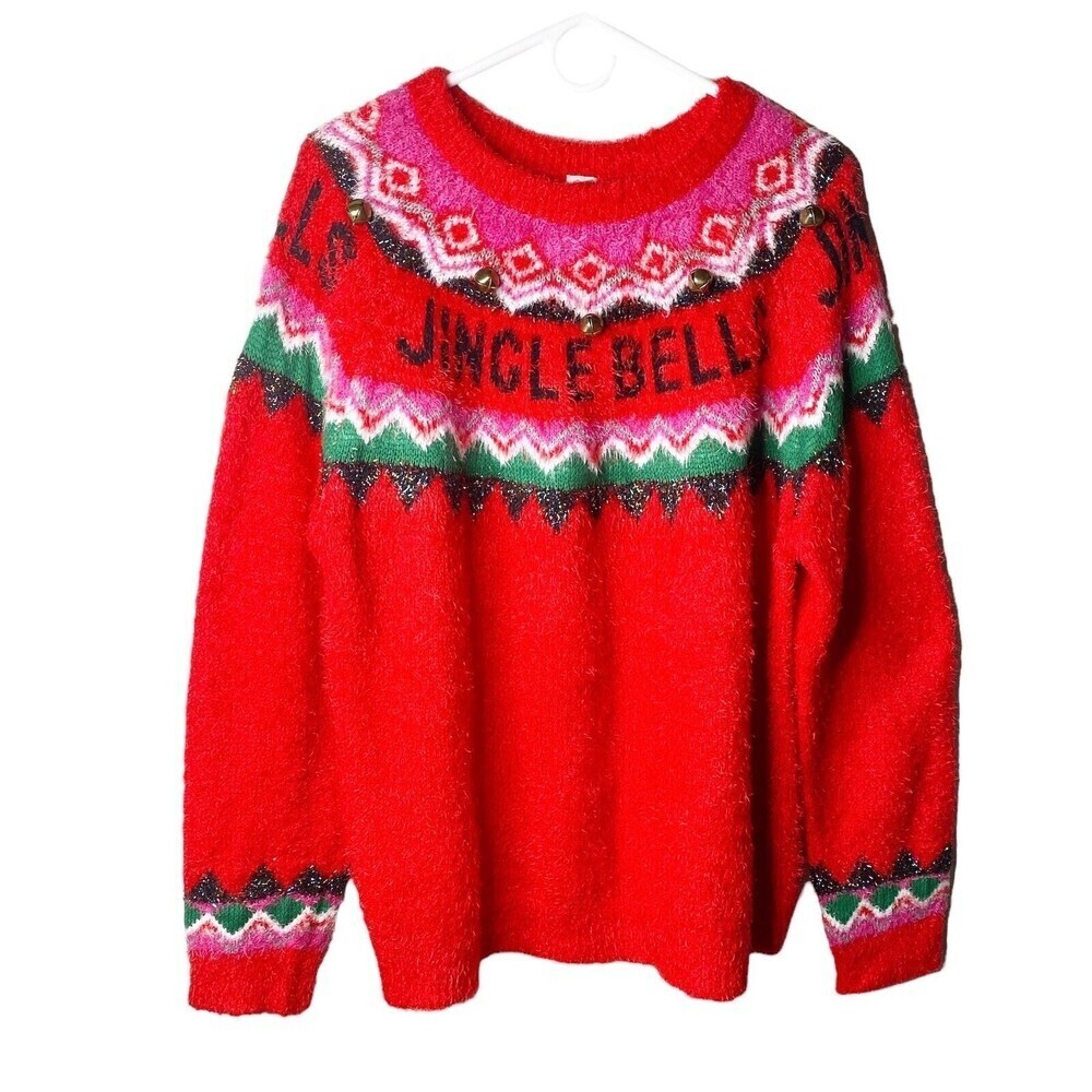 Holiday Time Jingle Bells Sweatshirt Sweater Sz XXL 20 Womens Red Ugly Fuzzy